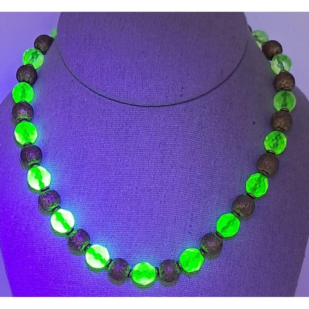 Uranium Glass Beaded Necklace UV UG Possibly Czech Leaves Berries Brass Beads Vi